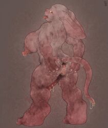 anthro anus ass big_breasts body_hair breasts futanari genitals gynomorph hairless hi_res huge_breasts intersex lagomorph leporid looking_back mammal mot penis rabbit simple_background solo spread_butt spreading wet_anus