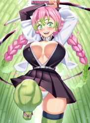 1girls arms_up big_breasts blush braided_hair castell demon_slayer female female_only green_eyes haori kanroji_mitsuri katana kimetsu_no_yaiba long_hair looking_at_viewer low-angle_view mole_under_eye no_bra open_mouth open_shirt panties pink_hair pleated_skirt smile solo sword thick_thighs thighhighs two_tone_hair uniform upskirt white_panties zettai_ryouiki