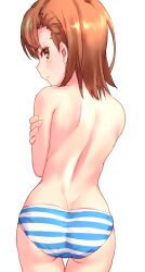 1girls ass back bangs bare_back blue_panties blush brown_eyes brown_hair closed_mouth cowboy_shot eyebrows_visible_through_hair female hair_between_eyes long_hair looking_at_viewer looking_back misaka_mikoto panties raika9 shimapan simple_background solo solo_female striped striped_panties teenage_girl teenager to_aru_kagaku_no_railgun to_aru_majutsu_no_index topless underwear underwear_only white_background young