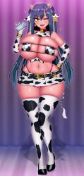 1girls animal_ears animal_print breasts cow_girl cow_print eyepatch_bikini female female_only gyaru highres huge_breasts kikka_sora micro_bikini microskirt string_bikini thick_thighs thighhighs yazima_ayumi