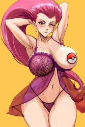 1girls alternate_breast_size alternate_version_available areolae armpits babydoll big_ass big_breasts blue_eyes blush breast_slip female female_only hands_behind_head happy huge_breasts jessie_(pokemon) krabby_(artist) lingerie looking_at_viewer milf negligee nintendo nipples_visible_through_clothing panties pasties pink_hair poke_ball_pasties pokeball pokemon seductive seductive_eyes seductive_pose solo team_rocket thick_thighs wide_hips