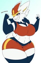 anthro athletic athletic_female big_breasts cinderace cleavage cleo_(justkindahere) dewwydarts dewwydartz female furry game_freak gradient_background huge_breasts nintendo pokemon solo solo_female tagme thick_thighs wide_hips