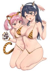 +_+ 2girls ahoge alternate_costume animal_ears badge bikini biting black_hair breasts brown_eyes full_body hair_bobbles hair_ornament highres horns kantai_collection large_breasts long_hair multiple_girls oni_horns osananajimi_neko pink_eyes pink_hair sazanami_(kantai_collection) short_hair simple_background small_breasts swimsuit tail tears tiger_ears tiger_tail twintails ushio_(kantai_collection) white_background yellow_bikini yuri