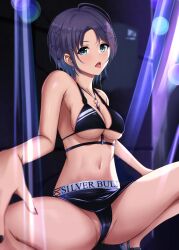 absurdres ahoge aqua_eyes asakura_tooru bikini bikini_skirt black_bikini black_hair black_nails blue_hair breasts cleavage commentary_request ear_piercing earrings female female gradient_hair highres idolmaster idolmaster_shiny_colors iwashita_kirito jewelry large_breasts multicolored_hair navel open_mouth piercing saliva solo spread_legs squatting string_bikini swimsuit tongue tongue_out