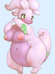 areola big_breasts blue_background blush breasts bunnag clitoris female genitals goodra green_eyes hi_res navel nintendo nipples nude open_mouth pokémon_(species) pokemon pokemon_(species) pokemon_only pussy simple_background smile solo standing video_games