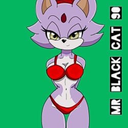 1girls anthro bikini black_nose blaze_the_cat cat_tail curvy curvy_body female female_only green_background mrblackcat901 red_bikini sega small_waist solo solo_female sonic_(series) swimsuit tagme