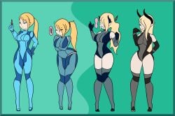 breast_expansion breasts corruption covered_navel db-palette female large_breasts metroid samus_aran succubus thighs transformation transformation_sequence wide_hips