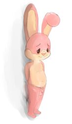 absurd_res anthro arcade_bunny balls blush buckteeth ears_down flaccid foreskin genitals hi_res lagomorph leporid male mammal nintendo nintendo_badge_arcade penis pivoted_ears pubes rabbit solo teeth twerpishimp video_games