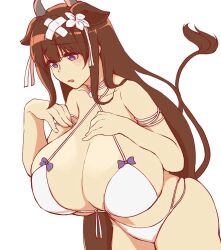 1girls animal_ears azur_lane bangs bare_shoulders bikini blush breasts brown_hair cleavage cow_ears cow_girl cow_horns cow_tail eyebrows_visible_through_hair female flower hair_flower hair_ornament highres horns huge_breasts kashino_(azur_lane) kashino_(hot_springs_relaxation)_(azur_lane) leaning_forward light-skinned_female light_skin long_hair nasakene open_mouth purple_eyes sakura_empire_(azur_lane) simple_background solo swimsuit tail white_background white_bikini white_flower