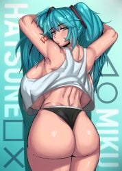 against_wall alternate_breast_size aqua_eyes aqua_hair arms_up ass back backboob bare_shoulders big_ass big_breasts black_panties breasts breasts_bigger_than_head crop_top crop_top_overhang female female_only from_behind gigantic_breasts hatsune_miku highres huge_ass huge_breasts kevbot large_breasts long_hair looking_at_viewer looking_back panties pursed_lips solo tank_top tattoo thick_thighs thighs twintails underwear vocaloid wedgie white_tank_top