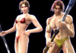 1boy 1girls abs athletic_male bare_legs bikini breasts brown_hair female fit_male kilik legs long_hair naginata navel project_soul seong_mi-na short_hair soul_calibur soul_calibur_ii soul_calibur_iii soul_calibur_vi speedo staff swimwear weapons