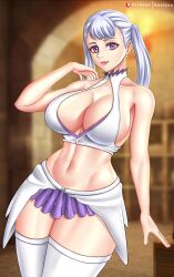 1boy 1girls areolae black_clover blush breasts erect eyes female hair hip hips indoors kactzzu long male nipples noelle_silva nude position purple riding slim smile thick thighs thunder_thighs trembling twintails waist white_hair