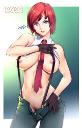 2021 autographed big_breasts blue_eyes breasts gloves king_of_fighters looking_at_viewer milf necktie necktie_between_breasts pubic_hair red_hair saigado shirt shirt_open solo_female suspenders vanessa_(kof)