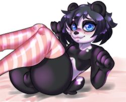 black_fur black_hair blue_eyes blush eyeliner femboy girly mitsvalen panda thighhighs white_fur