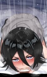 1boy 1girls adult_and_teenager adult_on_young after_school age_difference all_fours angry asian bedroom big_penis black_hair bleach blowjob blue_eyes blush blushing censor_bar censored cute deepthroat deepthroat_no_hands eye_contact female fringe gigantic_penis heart-shaped_pupils kneeling kuchiki_rukia large_penis long_penis medium_hair mizumizuni on_bed oral pale-skinned_female penis petite pov purple_eyes saliva saliva_trail school_uniform secretly_loves_it short_hair skinny slim sloppy sloppy_blowjob sloppy_deepthroat teenager thighhighs throat_goat x-ray young