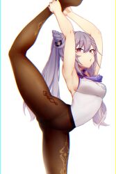 armpits arms_up bangs black_legwear blurry blush breasts chromatic_aberration contortion dev_(dev0614) eyebrows_visible_through_hair female flexible foot_out_of_frame genshin_impact hair_cones hair_ears highres holding_leg keqing_(genshin_impact) leg_up legs leotard long_hair looking_at_viewer medium_breasts pantyhose purple_eyes purple_hair sidelocks sleeveless solo standing standing_on_one_leg thighs twintails