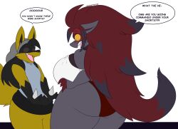 big_ass big_breasts dart(dewwydartz) dewwydarts dewwydartz dialogue female game_freak lucario nea(dewwydartz) nintendo pokemon pokemon_(species) speech_bubble tagme text zoroark