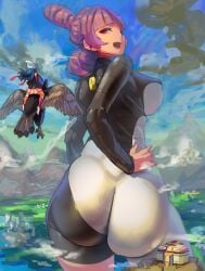 2022 2girls ass ass_focus ass_shot big_areola big_ass big_breasts big_nipples bodysuit breasts bubble_butt butt_crack_outline ceres_(pokémon) dawn_(pokemon) female female_only giantess huge_ass huge_breasts huge_butt jupiter_(pokemon) kazo long_hair looking_back macro nintendo nipple_bulge no_bra no_panties outdoors pokémon pokemon pokemon_dppt purple_eyes purple_hair size_difference smile solo_focus staraptor team_galactic tight_clothing tight_fit