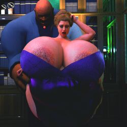 1boy 1girls 3d bald_man bimbo brown_hair huge_breasts huge_hips jackd22 kingpin large_breasts marvel marvel_comics obese obese_female purple_dress wilson_fisk