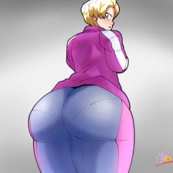 android android_18 ass ass_focus big_ass blonde_hair dragon_ball dragon_ball_super dragon_ball_z huge_ass jacket looking_at_viewer looking_back pantylines solo thick_thighs track_jacket track_pants track_suit