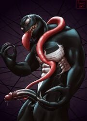 1boy abstract_background alien anthro balls big_penis clothing genitals hermesdidit hi_res humanoid licking male male_only marvel muscular oral penile penis penis_lick self_lick sex sharp_teeth smooth_skin solo standing symbiote teeth tongue tongue_out underwear venom venom_(marvel)