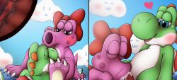 :>= absurd_res anthro anthro_on_anthro birdo blush bodily_fluids bow_only cloud cum cum_in_mouth cum_inside cunnilingus dinosaur duo_focus fellatio female genital_fluids group heart hi_res internal looking_pleasured male male/female mario_(series) multiple_images nintendo nude oral outside penile reptile scalie sex sitting sky umbry00 vaginal_penetration video_games voyeur yoshi yoshi_(character)