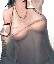 an_penguin arknights black_hair blaze_(arknights) breasts character_name clothes_lift clothes_writing collarbone crop_top female female head_out_of_frame jacket large_breasts open_clothes open_jacket shirt shirt_lift solo stomach sweat underboob upper_body wet white_jacket white_shirt