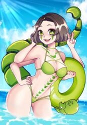 1girls 4_arms beannivt_(artist) brown_hair bug_girl chitin clouds female female_only green_eyes happy indie_virtual_youtuber insect_girl light-skinned_female light_skin monster_girl outside radia_active scorpion_girl scorpion_tail solo swimsuit tattoos v_sign virtual_youtuber water