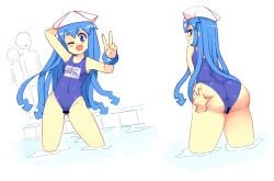 ;d anus ass ass_grab bar_censor blue_eyes blue_hair blush bodypaint breasts censored disembodied_limb exhibitionism ikamusume long_hair multiple_views naked_paint navel one_eye_closed painted_clothes partially_submerged pool public_indecency rtil school_swimsuit shinryaku!_ikamusume small_breasts smile solo_focus swimsuit tentacle_hair v white_headwear