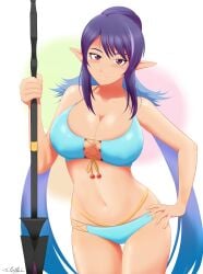 absurd_res bikini blush cleavage commission female female_only hand_on_hip judith large_breasts long_hair looking_at_viewer navel neolink077 pointy_ears purple_eyes purple_hair smile solo tales_of_(series) tales_of_vesperia weapon