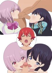 1boy 2girls 2girls1boy ball_sucking balls black_hair bozumeshi collaborative_fellatio dark_hair fellatio hibiki_yuuta multiple_girls open_mouth oral oral_sex penis red_hair shinjou_akane ssss.gridman sucking_testicles takarada_rikka threesome