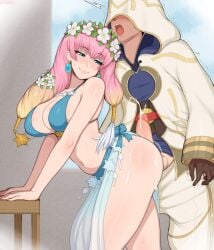 1boy afrobull bare_shoulders bikini blonde_hair blue_bikini blue_eyes blush breasts buttjob closed_mouth cum ejaculation faceless faceless_male feet_out_of_frame female fire_emblem fire_emblem_heroes flower from_side grinding gunnthra_(fire_emblem) gunnthra_(summer)_(fire_emblem) hair_flower hair_ornament highres hood hoodie kiran_(fire_emblem) kiran_(fire_emblem)_(male) large_breasts multicolored_hair nintendo open_mouth penis pink_hair smile sweat swimsuit teeth tongue trembling upper_teeth