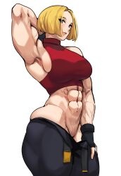 abs armpits arms_behind_back bare_shoulders biceps blonde_hair blue_eyes blue_mary breasts busty crop_top fatal_fury female fingerless_gloves gloves king_of_fighters large_breasts muscles musctonk muscular muscular_female pulling_down_pants pussy_peek short_hair sleeveless snk solo turtleneck turtleneck_crop_top undressing vein veiny_muscles