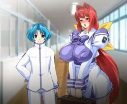 1boy 1girls alternate_breast_size big_breasts blue_hair blush breasts breasts_bigger_than_head cheating cheating_girlfriend curvaceous curvy curvy_body curvy_female curvy_figure female female_focus huge_breasts kagami_sumika large_breasts massive_breasts muv-luv nipple_bulge nipples nipples_visible_through_clothing otoo_(izanagi) ponytail red_eyes red_hair school_uniform schoolgirl seducing seductive seductive_eyes seductive_look seductive_mouth short_male to-gnaniwa tongue tongue_out voluptuous