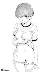 absurdres blush breasts earrings eyebrows_visible_through_hair female female_pubic_hair gym_shirt hamao highres jewelry medium_breasts monochrome original panties panty_pull pubic_hair pussy pussy_juice shirt short_hair smile solo t-shirt underwear very_short_hair