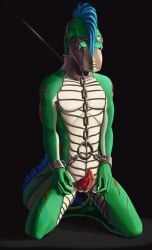 2020 anthro blood blood_on_arm blood_on_leg blood_on_tail blue_body blue_feathers bodily_fluids bondage bound chains claws collar cuff_(restraint) erection feathers genitals green_body green_scales hi_res kneeling lizard looking_down male mitokep muzzle_(object) muzzled original original_character penis posture_collar reptile restraints rope scales scalie simple_background slave slykak_(djtheutii) solo submissive submissive_male whip_marks white_body white_scales wounded wrist_cuffs