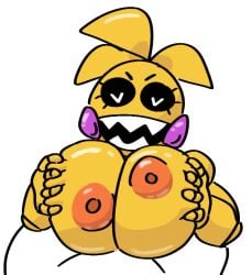 animatronic areolae bananalizard big_areola big_breasts big_nipples black_sclera breast_grab breast_squish five_nights_at_freddy's five_nights_at_freddy's_2 heart-shaped_pupils heart_eyes huge_breasts implied_paizuri large_areolae paizuri robot sharp_teeth simple_background straight toy_chica_(fnaf) white_background