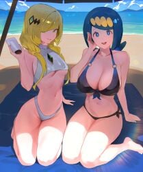 2022 2girls alternate_breast_size beach beach_umbrella bikini blonde_hair blue_bikini blue_eyes blue_hair blunt_bangs breast_size_difference breasts cleavage clothing female female_only green_eyes hair_ornament hair_over_one_eye hips holding_object hood_x_art huge_breasts human lana's_mother_(pokemon) long_hair looking_at_viewer lusamine_(pokemon) mature_female milf mob_face mother naughty_face navel nintendo outdoors pale_skin pokemon pokemon_sm slim_waist small_breasts smile swimsuit swimwear thick_thighs thighs very_long_hair white_bikini wide_hips