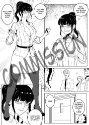 2boys 2girls belt big_breasts black_hair blunt_bangs blush body_swap bodyswap breast_grab buttons cleavage closed_mouth collared_shirt comic commission dialogue drool glasses hands_up kapitan_gege large_breasts monochrome necktie office office_lady open_mouth ponytail sidelocks skirt sleeves_rolled_up teeth text