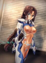 artist_request battle_suit bodysuit breasts breasts_visible_through_clothing brown_hair circle_glasses glasses green_eyes long_hair muv-luv nipples nipples_visible_through_clothing sakaki_chizuru