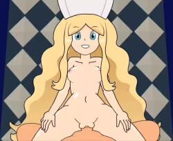 1boy 1girls animated blonde_hair blue_eyes bouncing_breasts caitlin_(pokemon) cowgirl_position edit human long_hair minus8 mp4 no_sound pokemon pov ppppu riding sex shorter_than_10_seconds smile third-party_edit tongue vaginal_penetration video