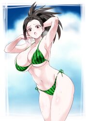 1girls bikini black_hair brown_eyes cloud huge_breasts looking_at_viewer momo_yaoyorozu my_hero_academia nervous open_mouth ponytail shy sky solo spiky_hair standing sukeno_yoshiaki sweat swimsuit tied_hair watermelon_bikini watermelon_print