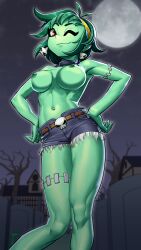 1girls areolae big_breasts breasts female female_focus female_only green_hair green_skin hands_on_hips looking_at_viewer lyoung0j nipples one_eye_closed red_eyes rottytops shantae smooth_skin solo solo_female tagme thick_thighs thighs topless topless_female wayforward winking winking_at_viewer zombie zombie_girl