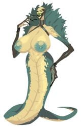 1girls anthro athletic_female bald_female cloud_meadow green_eyes green_scales huge_breasts huge_nipples lamia monster monster_girl s-purple scalie sharp_claws sharp_teeth snake snake_girl transparent_background