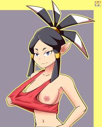 1girls areolae belly belly_button black_hair breasts female female_focus female_only genie half-genie looking_at_viewer nipples pointed_ears pointy_ears pulling_clothing purple_eyes shantae shantae_and_the_seven_sirens shellshoker77 short_hair smile smiling_at_viewer smooth_skin solo solo_female tagme wayforward zapple