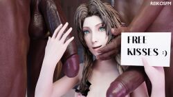 3d aerith_gainsborough big_penis blue_eyes brown_hair caption cardboard dark-skinned_male final_fantasy final_fantasy_vii final_fantasy_vii_remake hand_on_face hand_on_head hands_on_penis huge_cock interracial large_penis light-skinned_female light_brown_hair looking_at_viewer naked nude nude_female partial_male penis_on_shoulder reikosfm small_breasts smiling smiling_at_viewer