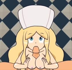 1boy 1girls animated blonde_hair blowjob blue_eyes caitlin_(pokemon) closed_eyes edit fellatio hat human large_breasts licking_penis long_hair minus8 mp4 no_sound oral oral_sex paizuri pokemon pov ppppu shorter_than_10_seconds tagme third-party_edit titfuck video