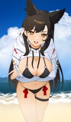 :d absurdres animal_ear_fluff animal_ears arms_under_breasts atago_(azur_lane) azur_lane beach bikini black_bikini black_choker black_hair blue_sky blush breasts cameltoe choker cleavage clothes_lift cloud commentary dog_ears drawstring english_commentary ett extra_ears female female hair_ribbon highres hood hoodie jacket large_breasts leaning_forward long_hair long_sleeves looking_at_viewer mole mole_under_eye navel o-ring o-ring_bikini open_mouth orange_eyes outdoors red_ribbon revision ribbon sand shrug_(clothing) side-tie_bikini sky smile solo stomach string_bikini sweater sweater_lift swimsuit teeth thigh_strap thighs upper_teeth v-shaped_eyebrows very_long_hair water white_hoodie white_jacket white_ribbon yellow_eyes