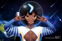 1girls alien alien_girl alien_look_like_human black_hair blunt_bangs blush bob_cut bodypaint boomerang breasts cleavage cleavage_cutout clothing_cutout comet dark-skinned_female dark_skin dress earth_(planet) emotional_engine_-_full_drive falling_star fate/grand_order fate_(series) female fishbowl_helmet flat_chest floating glowing glowing_hair helmet long_sleeves looking_at_viewer moon night night_sky nipples nude open_clothes petite planet short_dress short_hair sky sleeves_past_wrists small_breasts smile solo space space_helmet spacesuit standing star_(sky) starry_sky sweater twitter_username very_dark_skin wandjina_(fate) wandjina_(fate)_(first_ascension)_(fate) xkzan yellow_eyes