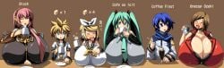 >_< 2boys 4girls alternate_breast_size blonde_hair blue_hair blush bow_tie breast_rest breasts breasts_bigger_than_head breasts_bigger_than_torso breasts_on_table cleavage coffee dark_blue_hair drinking drinking_coffee gigantic_breasts hairclip hatsune_miku headphones height_difference holding_object huge_breasts hyper_breasts kagamine_len kagamine_rin kaito_(vocaloid) kloah light_brown_hair lineup matching_hair/eyes megurine_luka meiko multiple_boys multiple_girls necktie ornament pigtails pink_hair sailor_collar size_difference small_but_busty smaller_male tongue tongue_out turquoise_hair vocaloid white_ribbon